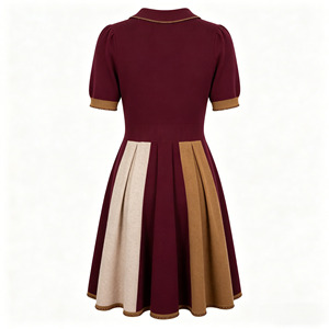 Abito <span class=keywords><strong>in</strong></span> <span class=keywords><strong>Maglia</strong></span> Stile Preppy con Blocchi di Colore, Colletto Peter Pan, Bordi con Perline, Ricami, Maniche Corte, Vita Alta e Gonna Plissettata Svasata - Product Image 4