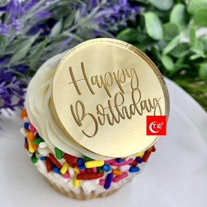 TX Happy birthday Gold Laser Mark Shiny Gold Mirror Disc Cake Cupcake Cakesicle Pop Disk Topper For Dessert Gift Box Decor
