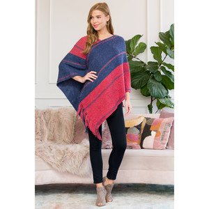 Hdf3007rdbl - Poncho con flecos y estampado de cadena en dos tonos, rojo y azul - Product Image 4