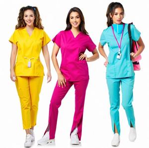 नीम की स्टाइलिश महिलाएं अस्पताल क्लिनिक ब्यूटी सैलून महिला कर्मचारियों के लिए एक समान शॉर्ट स्लीव टॉप स्लिम फिट पैंट सेट