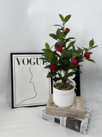 Lebensechte Kunst-Kamelie aus Polyester mit Echtem Gefühl, Topfpflanze mit Roten Knospen, Bonsai-Baum für den Tisch, Modern und Umweltfreundlich