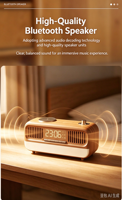 Vintage FM-Radio Licht Digitaler Wecker mit Dimmbarem Nachtlicht, Dimmer 12/24-Stunden-Anzeige Schlafzimmer mit Lautsprecher Kabellose Uhr-Ladestation