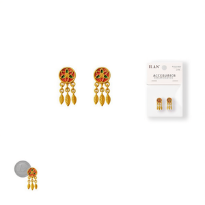 Ilan Flower Leaf Pendant Accessories <b>Gold</b> Red 2Pc <b>Dangle</b> <b>Earrings</b> - Product Image 3