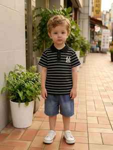 Completo Estivo 2026 Nuovo Set T-shirt e Pantaloncini per Neonato in Cotone Denim con Stampa Lettere, Manica Corta, Due Pezzi - Ingrosso - Product Image 6