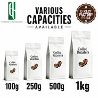Sachet de café à fond plat en aluminium blanc imprimé sur mesure avec valve à fermeture éclair pour torréfacteur premium 250g 500g 1kg 12oz Marque privée