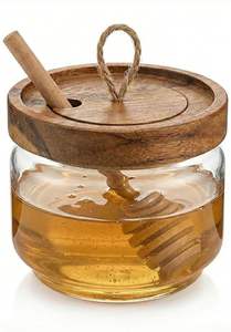 Tarro de miel de vidrio superventas con cucharón de madera y tapa hermética para almacenamiento de miel y jarabe, fácil de servir, disponible para la venta. - Product Image 6