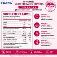 EKANG Peptides de collagène hydrolysés multi-types I, II, III, V, X, saveur fraise, 6,70 oz, poudre instantanée sans sucre, complément alimentaire pour adultes