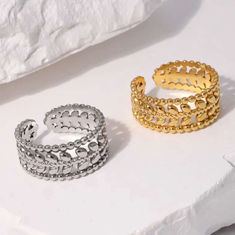 Offre Spéciale vintage en acier inoxydable feuille anneau ouvert pour les femmes étanche réglable anneau d'articulation bijoux en gros