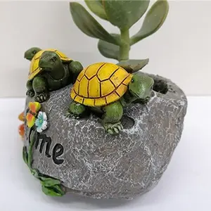 Estatua de resina para jardín, Tortuga de bienvenida al aire libre, tortugas en una roca, adornos de jardín al aire libre, jarrón