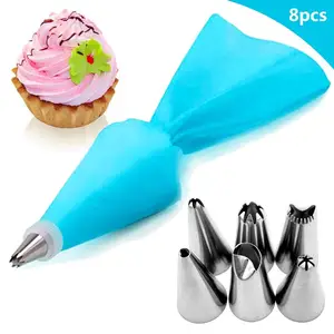 8 Cái/túi Silicone Icing Piping Cream Pastry Bag + 6 Thép Không Gỉ Cake Nozzle DIY Bánh Trang Trí Mẹo Fondant Pastry Công Cụ