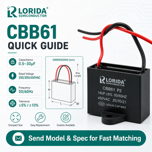 Condensateur de démarrage de ventilateur Lorida <span class=keywords><strong>CBB61</strong></span> 0.8UF 450V certifié RoHS - Température de fonctionnement de -40°C à +85°C - Product Image 2