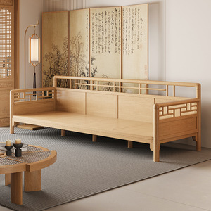 Solid Wood Sofa Three Seater Straight Line New Chinese Style Upholstered Living Room Furniture - Product Image 3