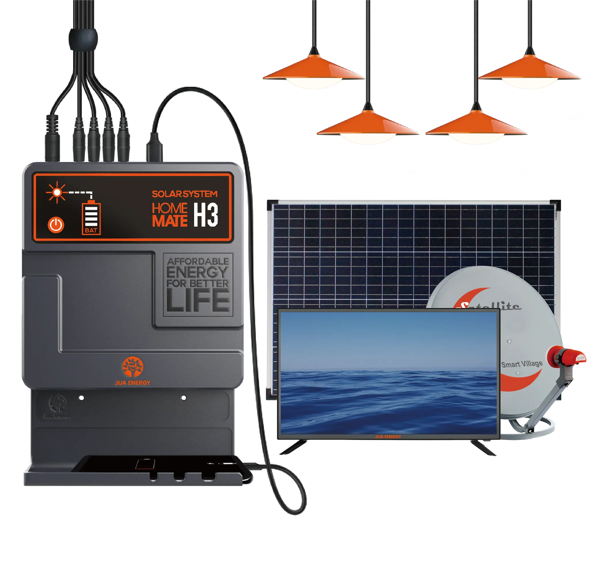 JUA Energy Portable 40W Home Lighting Solar Kits Mini Solar EnergyとStorage 4 LED Bulbsと19 Inch 12V DC TV