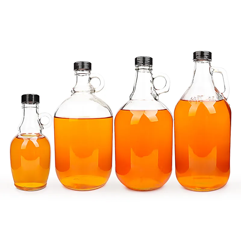 زجاجة زجاجية كبيرة شفافة من الكهرمان بسعة جالون مع مقبض لزيت الزيتون والنبيذ والبيرة