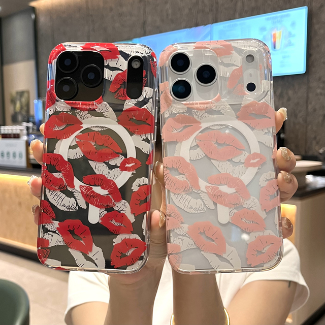 TPU Double Layer IMD Lip Print Magnetic Phone Case for Iphone 17 16 15 14 Pro Kiss Print Magnetic Clear Case for iPhone 17