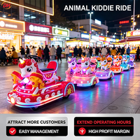 Train électrique sans rails, modèle animalier de dessin animé, en fibre de verre avec éclairage LED, pour location en parcs d'attractions et manèges.