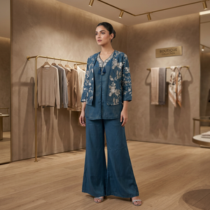 Luxury Slate <b>Blue</b> Silk Afghani Style Co-Ord Set Wrinkle-Free Heavy Silver Floral Embroidered Open Front Shrug Inner <b>Tunic</b> Flared - Product Image 1