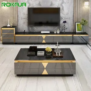 Table basse de luxe en métal et bois avec tiroir, meuble TV mural extensible et rangable