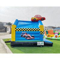 Château gonflable commercial en PVC bleu pour enfants, motif voiture de course, avec support personnalisé, pour fêtes et événements