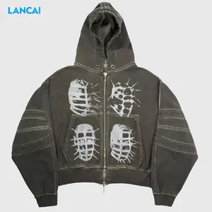 Finch Kostum Cetak Vintage Acar Kasar Skeleton Zipper Hoodie Katun Organik Jaket Desainer Pria