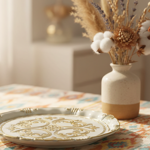 <span class=keywords><strong>Assiette</strong></span> décorative de style palais européen, blanc clair avec relief doré, fabricant de plaques de station de recharge personnalisées OEM en gros - Product Image 4