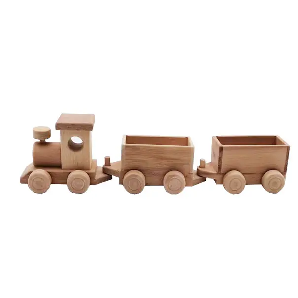 Mainan kereta kayu Set dengan Trailer lokomotif dorong kereta mainan balita Waldorf Montessori kereta mainan hadiah untuk anak-anak