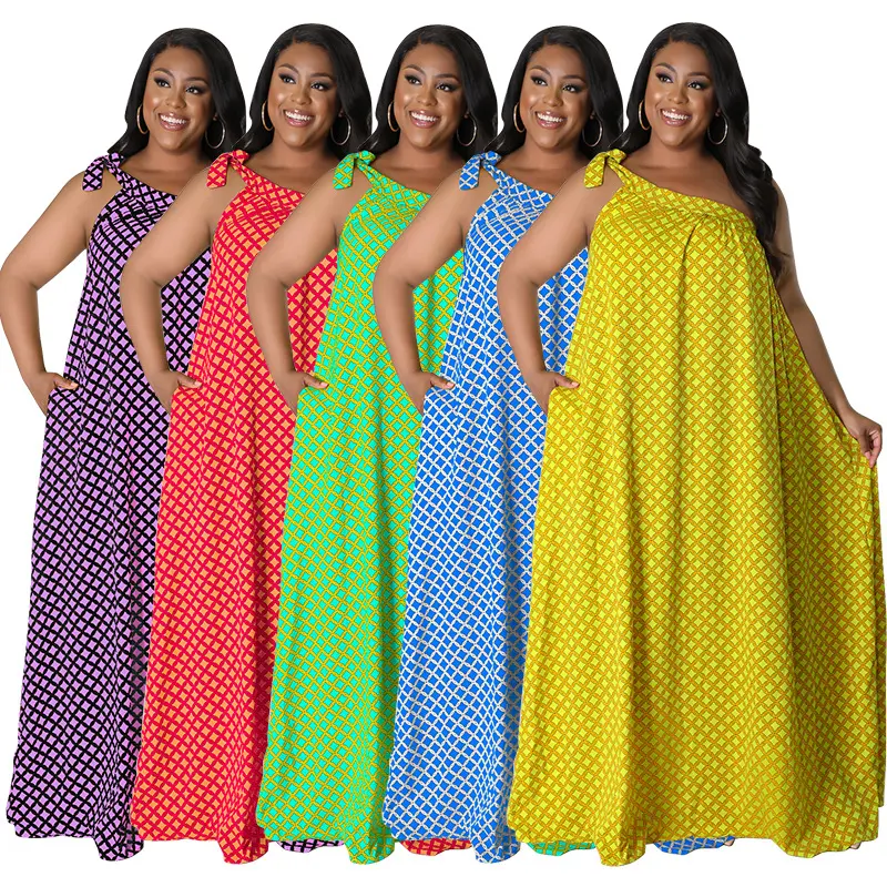 Wholesale Summer Ladies Aline Casual Loose Maxi Dress For Women 1 Shoulder Oversize Print Plus Size Women's Dresses