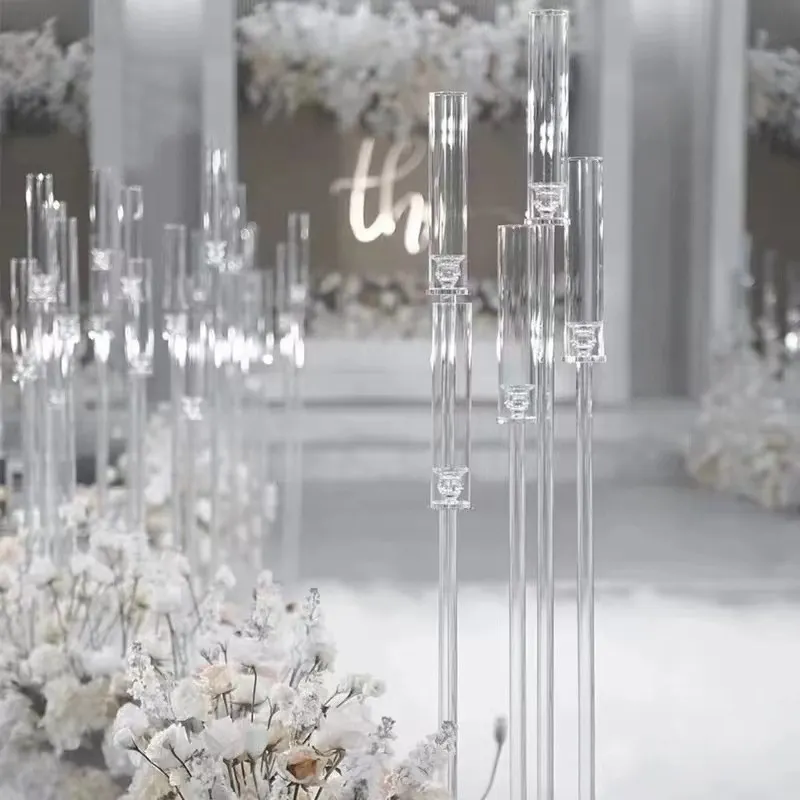 6 Arms 118cm Tall temizle kristal mumluklar düğün şamdanlar Candelabrum çiçek standı akrilik şamdan Centerpiece