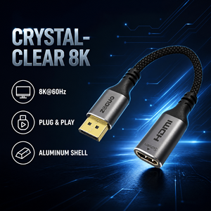 สายเคเบิลอะแดปเตอร์ DP เป็น <span class=keywords><strong>HDMI</strong></span> หญิง 8K60Hz, ขั้วต่อ DP เป็น <span class=keywords><strong>HDMI</strong></span> หญิง สายสั้น 0.2 ม., สายถักสำหรับจอ<span class=keywords><strong>ทีวี</strong></span> - Product Image 2