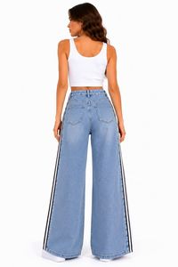 Jeans da Donna a Vita Alta e Gamba Larga con Striscia Laterale a Contrasto, Vestibilità Comoda, Lunghezza Intera, Blu Stonewashed - Product Image 4