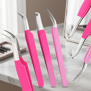 <b>Pink</b> Eyelash Extension Tweezers <b>Set</b> Stainless Steel Precision Curved Tips For Volume Fan Lashes Beauty Salon <b>Tools</b> - Product Image 2