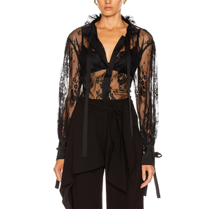 2020 Sexy Pura Del Merletto <span class=keywords><strong>Nero</strong></span> A Maniche Lunghe Con Coulisse Collare <span class=keywords><strong>Camicetta</strong></span> Top Delle Donne - Product Image 1