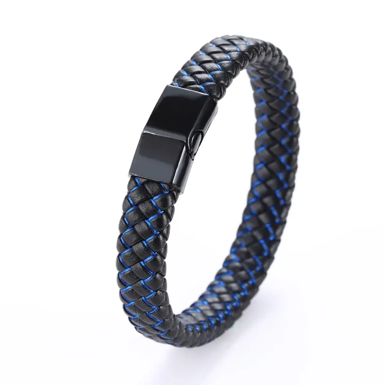 European Men Fashion Black Blue Leather Braided Bracelet Stainless Steel Magnetic Clasp Charm Bangles Bracelet
