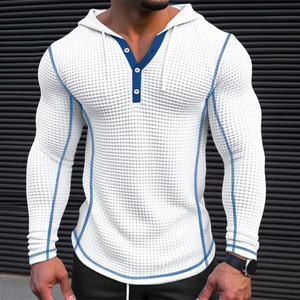 Stock <strong>Mens</strong> Jacquard Waffle-knit Button-up Solid Hug-fit <strong>Hoodie</strong> T-shirt Spring Long-sleeve Casual Vacation - Product Image 2