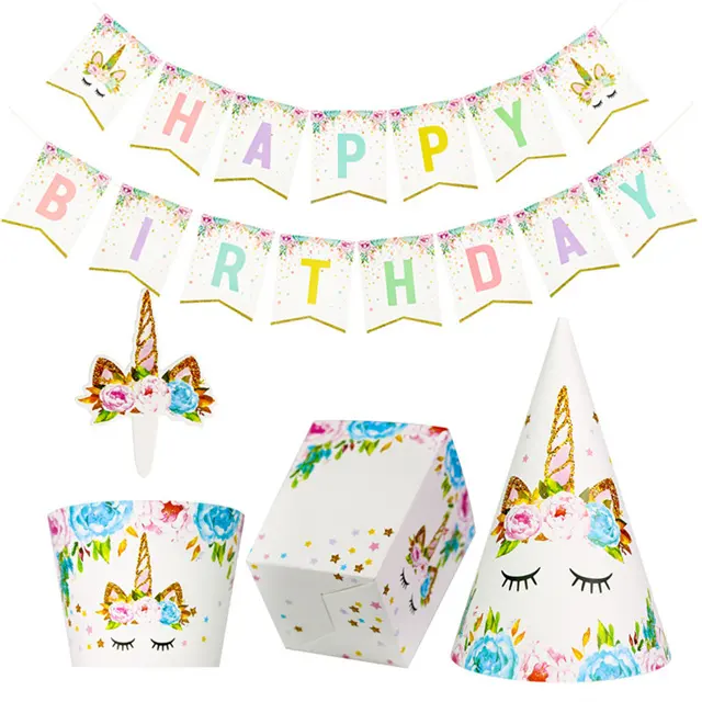 Forniture per la tavola per feste di unicorno Happy Birthday Banner Paper Cake Topper Hat tazza per Popcorn per la decorazione della festa di unicorno