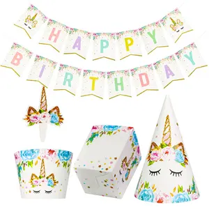 Unicorn Party Table Supplies Happy Birthday Banner Paper Cake Topper Hat Popcorn Cup for Unicorn Party Decoration