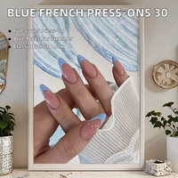 Ongles artificiels à presser Summer Blue French, forme amande, couvrance totale, 30 pièces