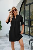 Robe décontractée mi-taille coupe trapèze pour femme, couleur unie, col en V, ample, plissée, manches cinq-quarts, en tricot – Grande Vente Été