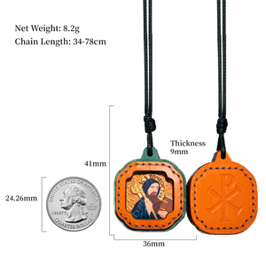 Colección de Colgantes de Cuero Hechos a Mano con Iconos Católicos, Joyería Religiosa con Micro Arte Pintado a Mano, Fabricante de Joyería Religiosa - Product Image 2