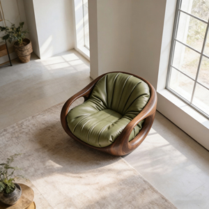 Poltrona Lounge Moderna di Lusso in Legno Massello e Pelle, Poltrona Relax Retrò in Pelle Cerata Verde, <span class=keywords><strong>Divano</strong></span> Singolo di <span class=keywords><strong>Design</strong></span> - Product Image 3