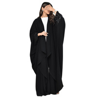 Abaya musulmane noire de luxe sur mesure en gros à Dubaï 2025 pour femmes, avec poignets à sequins, panneau à volants, robe modeste ouverte