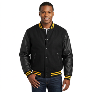 Veste de baseball varsity personnalisée pour homme en laine noire avec manches en cuir véritable, rayée, style Letterman, en laine Melton - Product Image 1