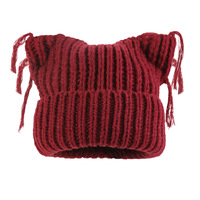 Bonnet tricoté mignon à oreilles de chat pour femme, automne-hiver, en tricot côtelé épais avec cordons à pompons, chaud, coupe-vent, avec cache-oreilles, vente en gros