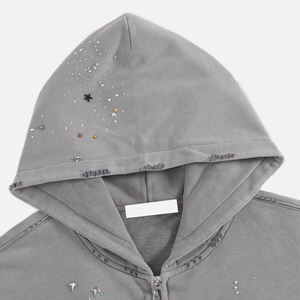 Sudadera con Capucha y Cremallera para Hombre, de Invierno, de Alta Calidad, Estilo Desgastado, con Pedrería Bordada, Lavado Ácido, Felpa Francesa, 100% Algodón, Marca KingSen - Product Image 5