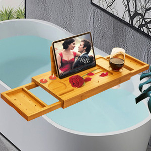 Table plateau de bain en bambou, table caddie de <span class=keywords><strong>baignoire</strong></span> avec support de téléphone livre vin, plateau de <span class=keywords><strong>baignoire</strong></span> extensible avec 2 plateaux coulissants - Product Image 2