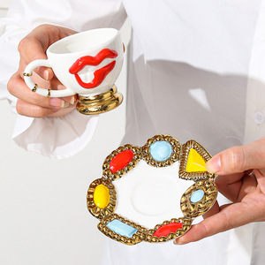 Creative Lip-Shaped Ceramic Coffee <b>Cup</b> & Saucer <b>Set</b>, Stylish Espresso Mug for Home Afternoon <b>Tea</b> Decor & Gift - Product Image 2
