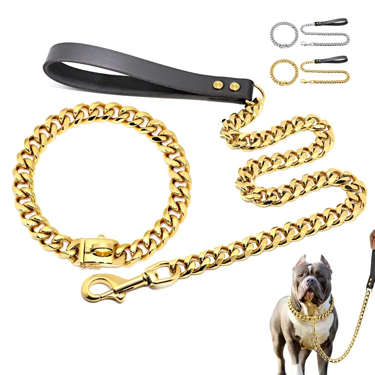 Collier en or pour chien 19mm, chaîne robuste en acier inoxydable pour animaux de compagnie, lien cubain pitbull collier pour chien chaîne collier et laisse pour chien