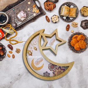 Plateau de service en bois bohème Ramadan Eid Mubarak avec incrustation de nacre |   Plateau de présentation flexible de conception artisanale haut de gamme pour boissons et aliments - Product Image 3