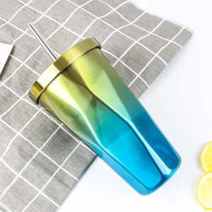 Brillo 3D de <span class=keywords><strong>diamante</strong></span> de acero inoxidable cepillado taza de <span class=keywords><strong>vino</strong></span> de doble pared vaso con tapa y paja - Product Image 3