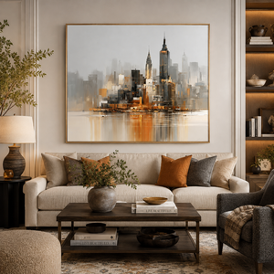 Peinture abstraite sur toile de paysage urbain moderne, ciel orange et gris, décoration de luxe pour hôtel, bureau, hall, salon - Product Image 1
